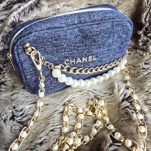 CHANEL Conversion Makeup Bag - Denim Crossbody Bag w Gold and Pearl Chain